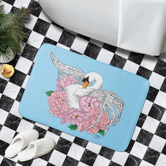 Tapis De Bain Fleurs roses cygnes blanches