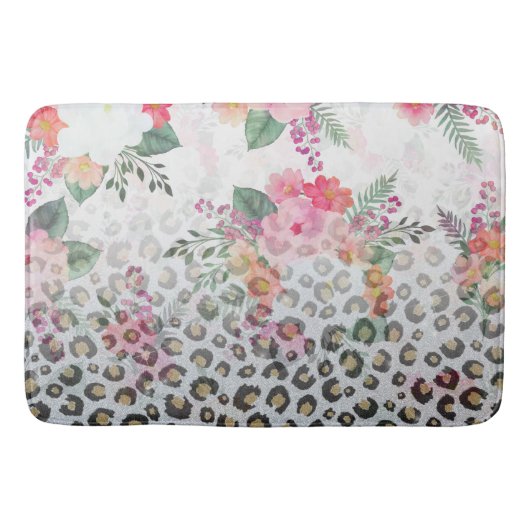 Tapis De Bain Fleurs roses Empreintes de léopard noires en argen (Devant)