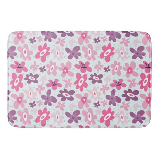 Tapis De Bain Fleurs roses et Coeurs Bleus mignons Whimsical (Devant)