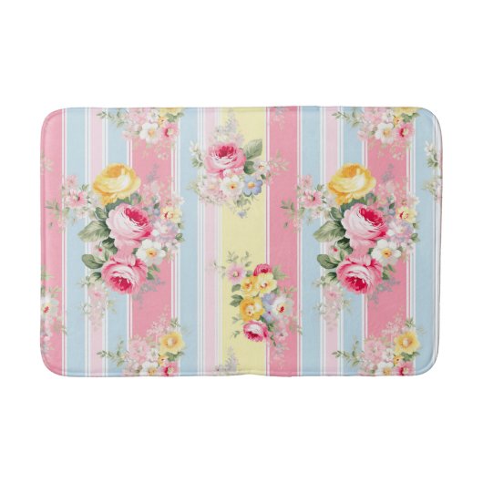 Tapis De Bain Fleurs roses rayées (Devant)