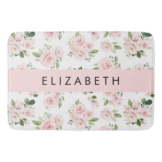 Tapis De Bain Fleurs roses, Roses, Fleurs Aquarelles, Votre Nom (Devant)