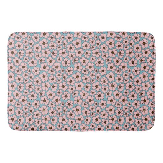 Tapis De Bain Fleurs roses sur fond bleu (Devant)