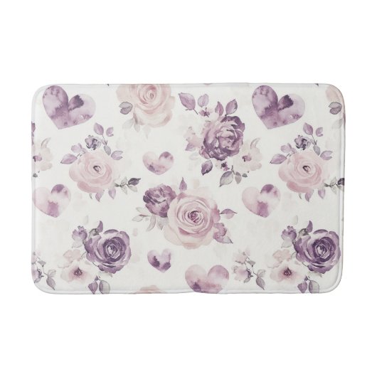 Tapis De Bain Fleurs roses violettes & Cœurs (Devant)
