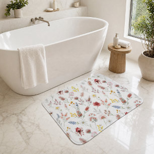 Tapis De Bain Fleurs sauvages aquarelles pastel romantiques
