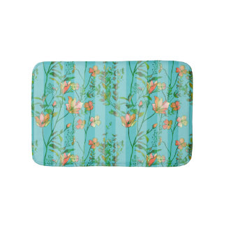 Tapis De Bain Fleurs sur l'arrière - plan rayé bleu