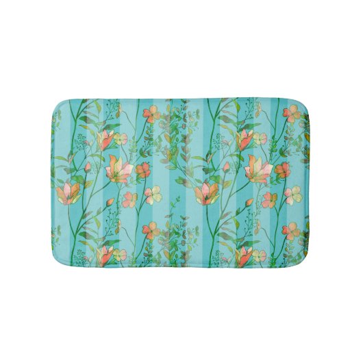 Tapis De Bain Fleurs sur l'arrière - plan rayé bleu (Devant)