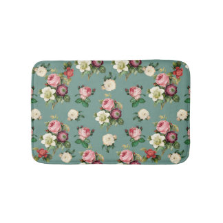Tapis De Bain Fleurs vintages sur bleu pierre, impression floral