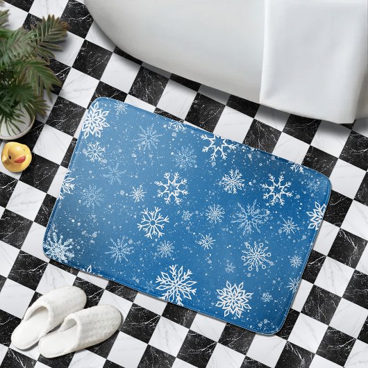 Tapis De Bain Flocons de neige bleus Classique Hiver Blanc