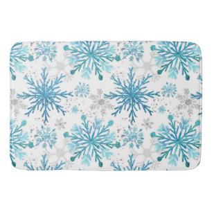 Tapis De Bain Flocons de neige d'hiver en aquarelle bleu et pail