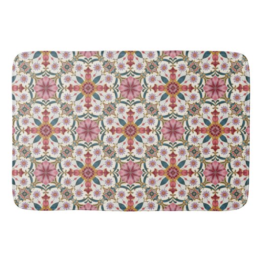 Tapis De Bain Floral Boho Pattern in Red, Pink & Teal (Devant)