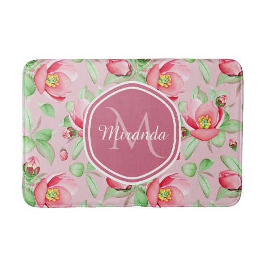 Tapis De Bain Floral De Fleur De Pomme Rose Douce Avec Monogramm (Devant)