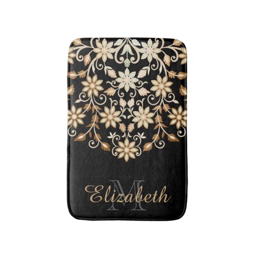 Tapis De Bain Floral noir et or élégant (Devant (Vertical))
