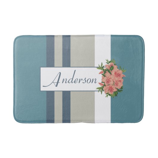Tapis De Bain Floral Turquoise moderne bleu et bronzé (Devant)
