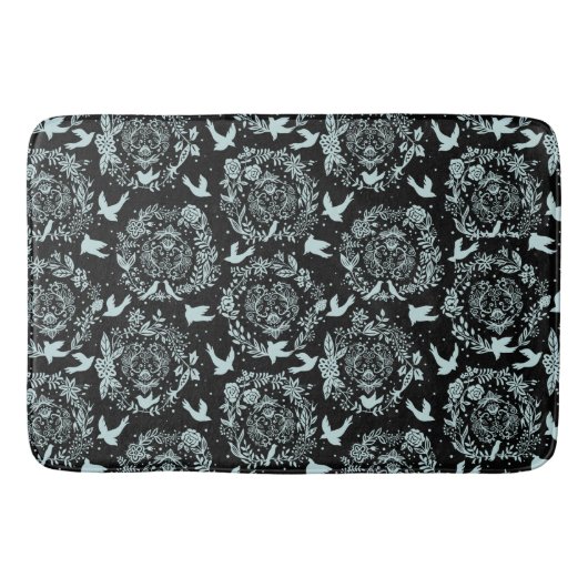 Tapis De Bain Flore et oiseaux verts noirs et à la menthe (Devant)