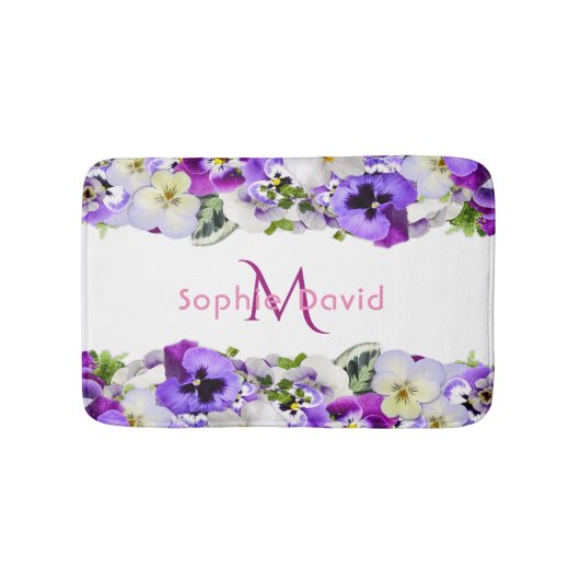 Tapis De Bain Flores violets blanc monogramme élégant (Devant)