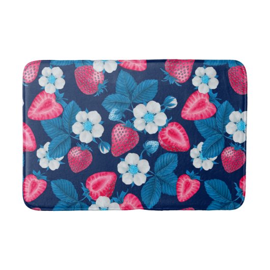 Tapis De Bain Fraises roses sur bleu (Devant)