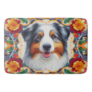 Tapis De Bain Frontière colorée fleurie du chien berger australi