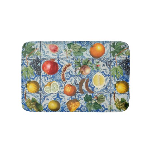 Tapis De Bain Fruit d'été méditerranéen & Mosaïque Bleue Blanc (Devant)