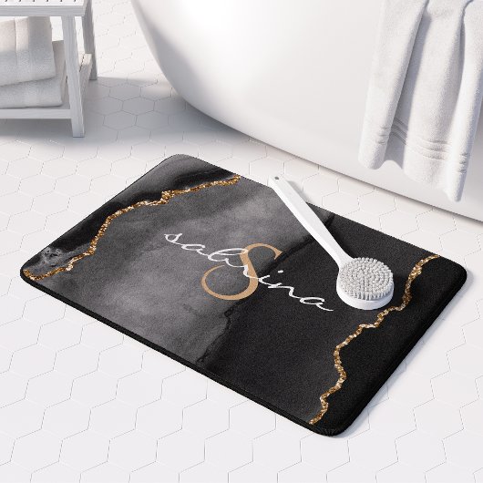 Tapis De Bain Géode d'agate noire et or monogramme