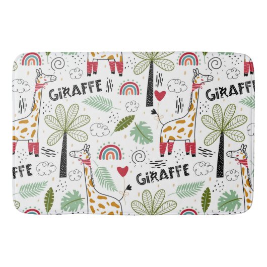 Tapis De Bain Giraffe Safari thème Palm Tree, Arc en ciel, doodl (Devant)