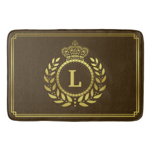Tapis De Bain Gold Brown Laurel Wreath Crown Royal Monogramme
