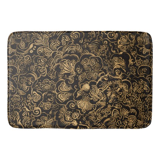 Tapis De Bain Gold Floral Baroque Pattern on Black (Devant)