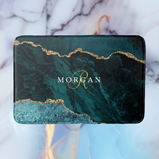 Tapis De Bain Gold Noir & Agate Turquoise, Monogramme Or & Nom