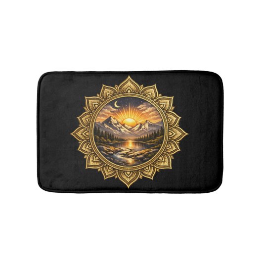 Tapis De Bain Golden Boho Mandala Mountain Sunset Art | Black (Devant)