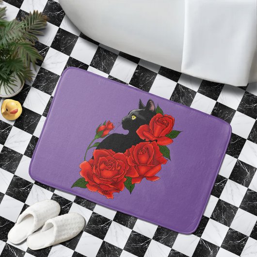 Tapis De Bain Gothique Chat Noir Roses Rouges Violet
