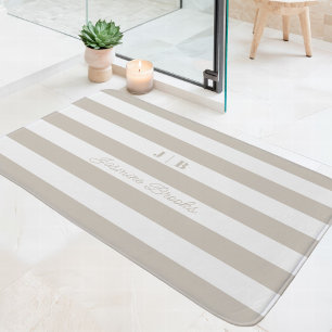 Tapis De Bain Grandes bandes beiges et blanches Nom du monogramm