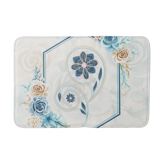 Tapis De Bain Graphique floral bleu et Turquoise, "Revitalisant  (Devant)