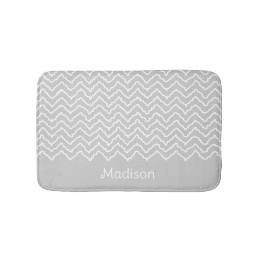 Tapis De Bain Gray And White Squiggly Chevron Zigzag With Name (Devant)