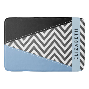 Tapis De Bain Grey Zigzag, Grey Chevron, Bleu, Votre Nom