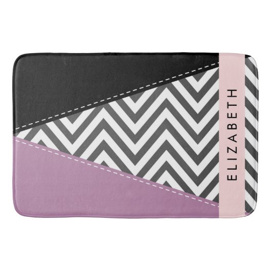 Tapis De Bain Grey Zigzag, Grey Chevron, Purple, Votre Nom (Devant)