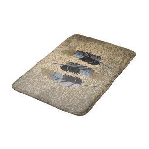 Tapis De Bain Gris, Bleu et Plumes Brown sur Grunge Tan
