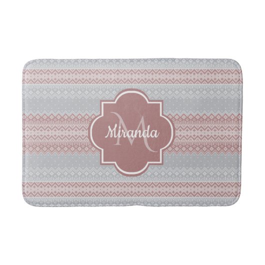 Tapis De Bain Gris chic et rose cinglé rayures et monogramme (Devant)