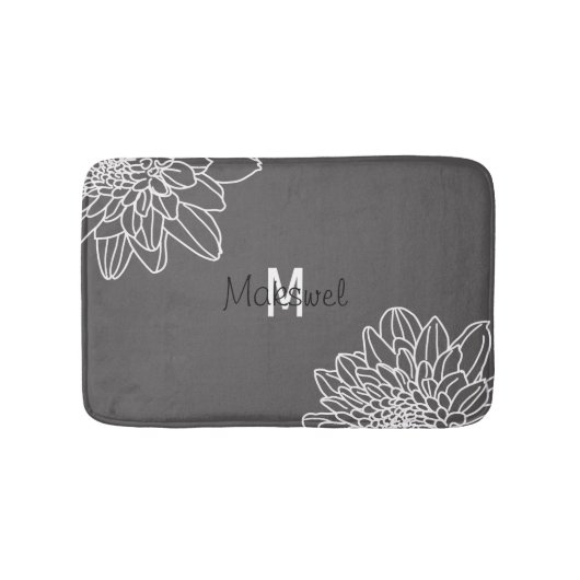 Tapis De Bain Gris Foncé Avec Fleurs Blanches Et Nom (Devant)