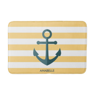 Tapis De Bain Gris jaunes et Ancre bleue