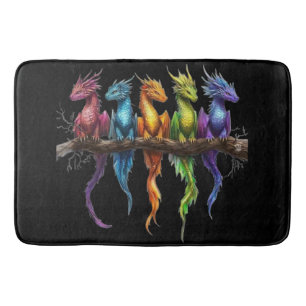 Tapis De Bain Groupe Arc-en-ciel de bébés dragons sur fond noir