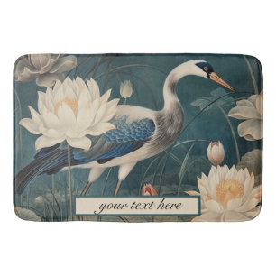 Tapis De Bain grue vintage botanique bleue, personnalisable