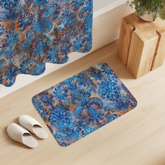 Tapis De Bain Grunge Damask Cobalt Blue Rust Orange