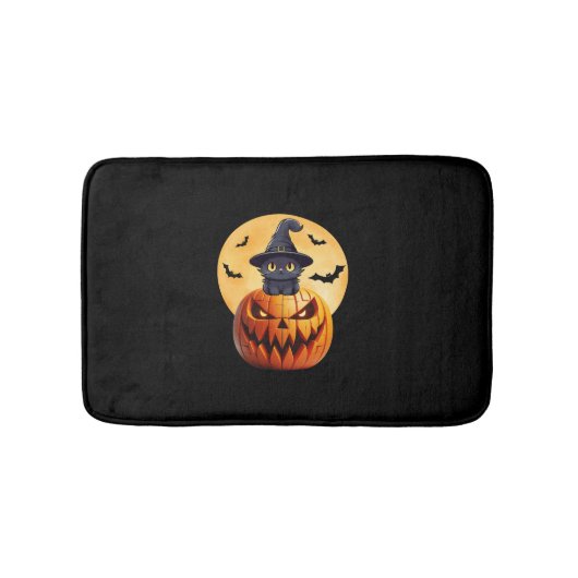 Tapis De Bain Halloween Chat Noir Citrouille Apportent l'excitat (Devant)