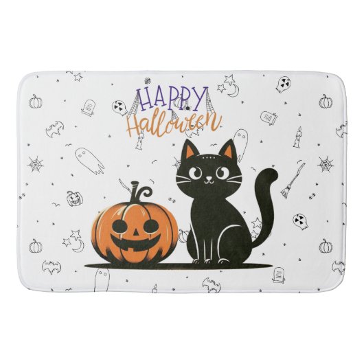 Tapis De Bain Happy Halloween chat et citrouille (Devant)