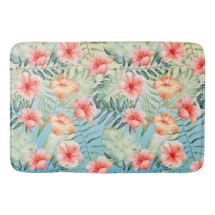 Tapis De Bain Hibiscus floral jaune Aqua Pink Peach