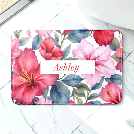 Tapis De Bain Hibiscus rose rouge Fleurs tropicales