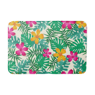 Tapis De Bain Hibiscus tropical et feuilles de palmier. Été côti