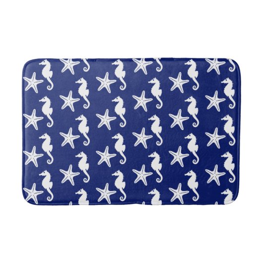 Tapis De Bain Hippocampe et étoile de mer - bleu marine et blanc (Devant)