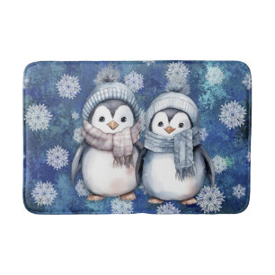 Tapis De Bain Hiver Bleu Aquarelle Pingouins Écarts Casquette