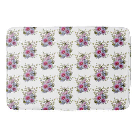 Tapis De Bain Hollyhocks and Blue Flowers with Bumble BEES (Devant)
