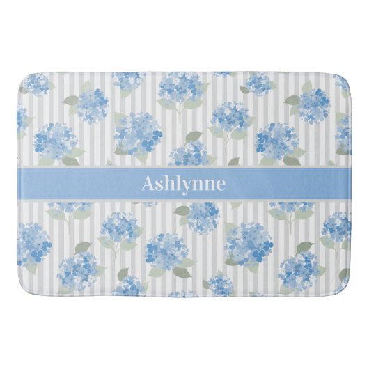Tapis De Bain Hydrangea Bleu Élégant Rayure Grise Vert Sauge Nom (Devant)